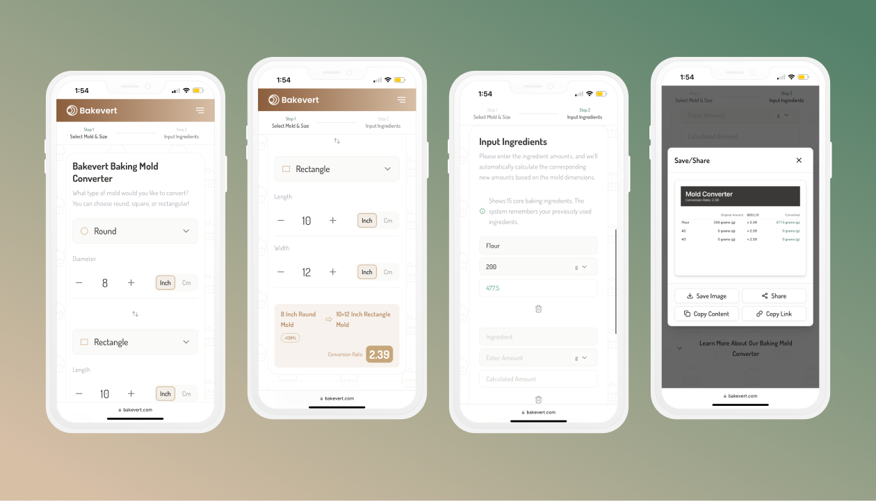 Bakevert mobile interface showing converter and share features