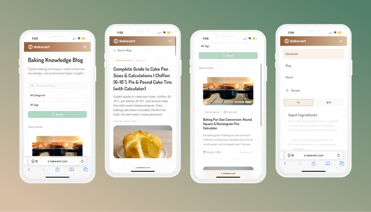 Bakevert mobile interface showing blog and menu