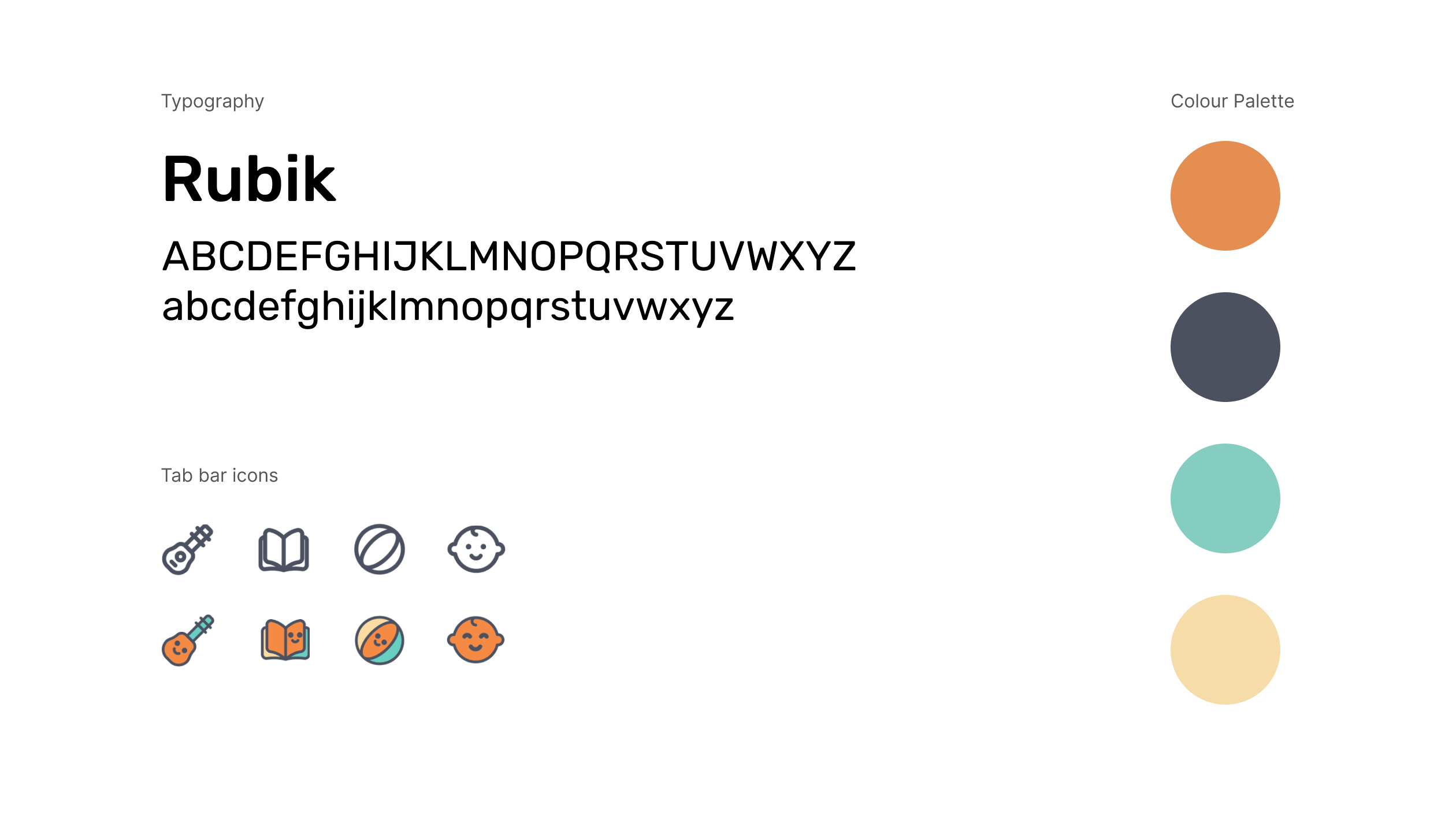 KKBOX Kids – Design system: typography (Rubik), tab bar icons, colour palette