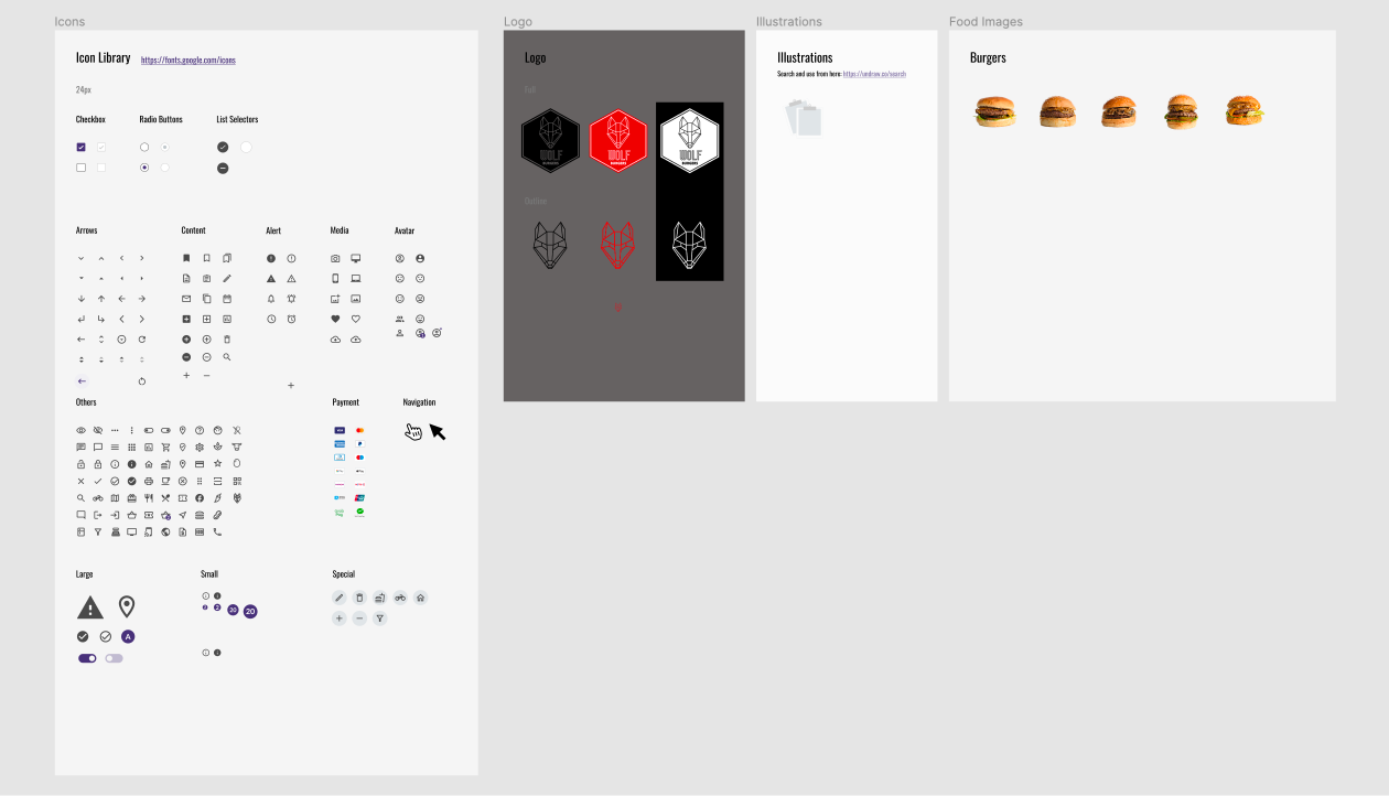 Design system – Icons, logo variations, illustrations, food images (burgers)